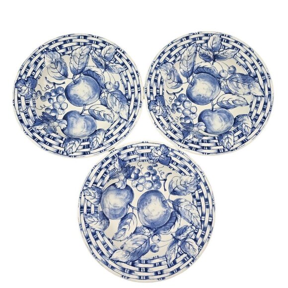 Pier 1 Imports Blue & White Fruit Basket Weave Rim Salad Pasta Bowls - Set of 3 - Picture 7 of 16